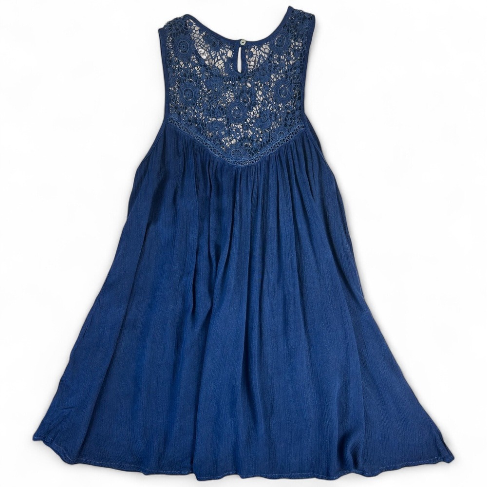 Boho Me Blue Lace Yoke Babydoll Mini Dress Small Sleeveless Boho Crochet Detail